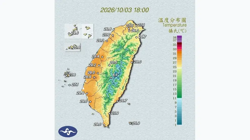 東北季風威力減弱水氣仍多 宜蘭當心大雨南部飆高溫(溫度分布圖)
