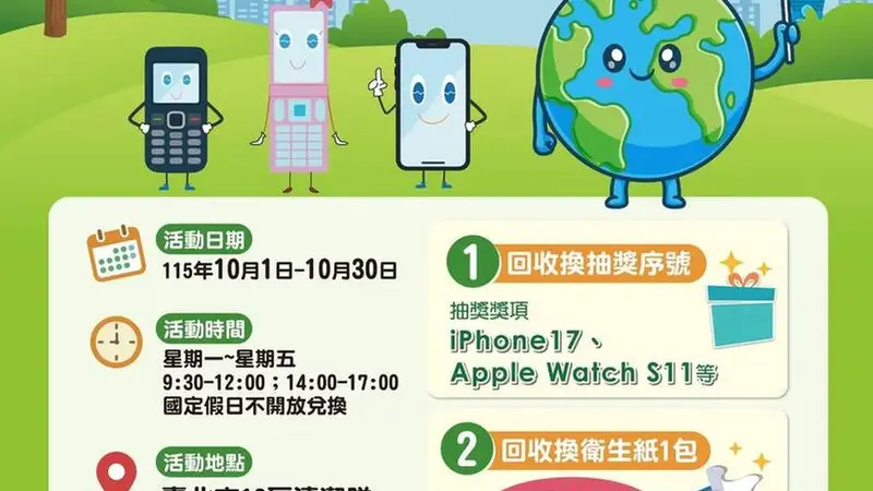 台北市推動十月手機回收月,舊機換好禮還有機會抽iPhone 17