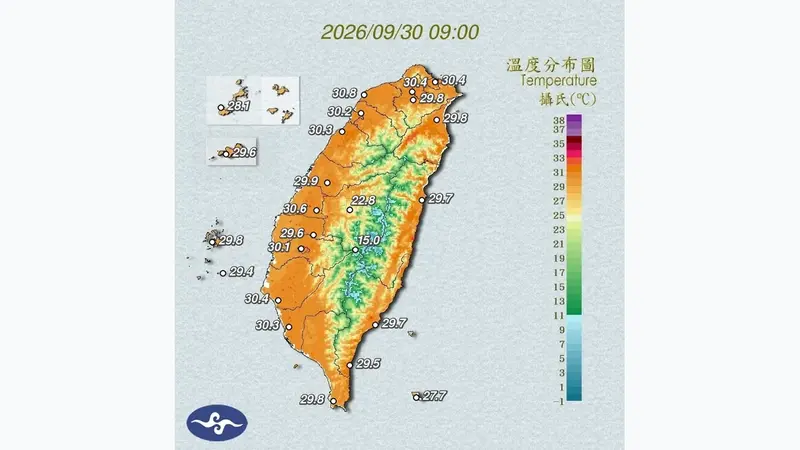 西南風帶來萬里無雲好天氣,氣象署針對十一縣市發布高溫警示(溫度分布圖)