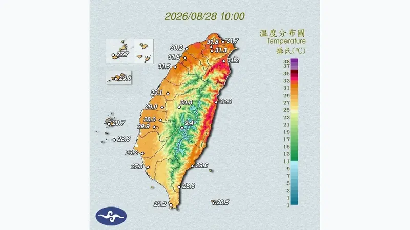 西南風沉降與高溫夾擊，全台多縣市達警戒門檻（溫度分布圖）