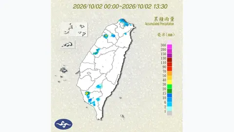 午後對流雨彈狂轟全台六縣市，氣象署發布大雨特報並提醒防範雷擊（累積雨量圖）