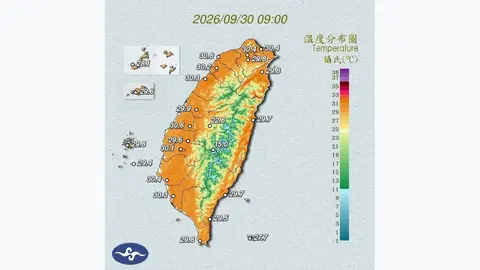 西南風帶來萬里無雲好天氣，氣象署針對十一縣市發布高溫警示（溫度分布圖）