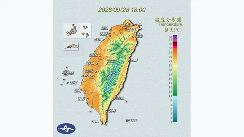 收假日迎烈陽高溫週末變天，氣象署預告這天起迎風面轉濕涼（溫度分布圖）